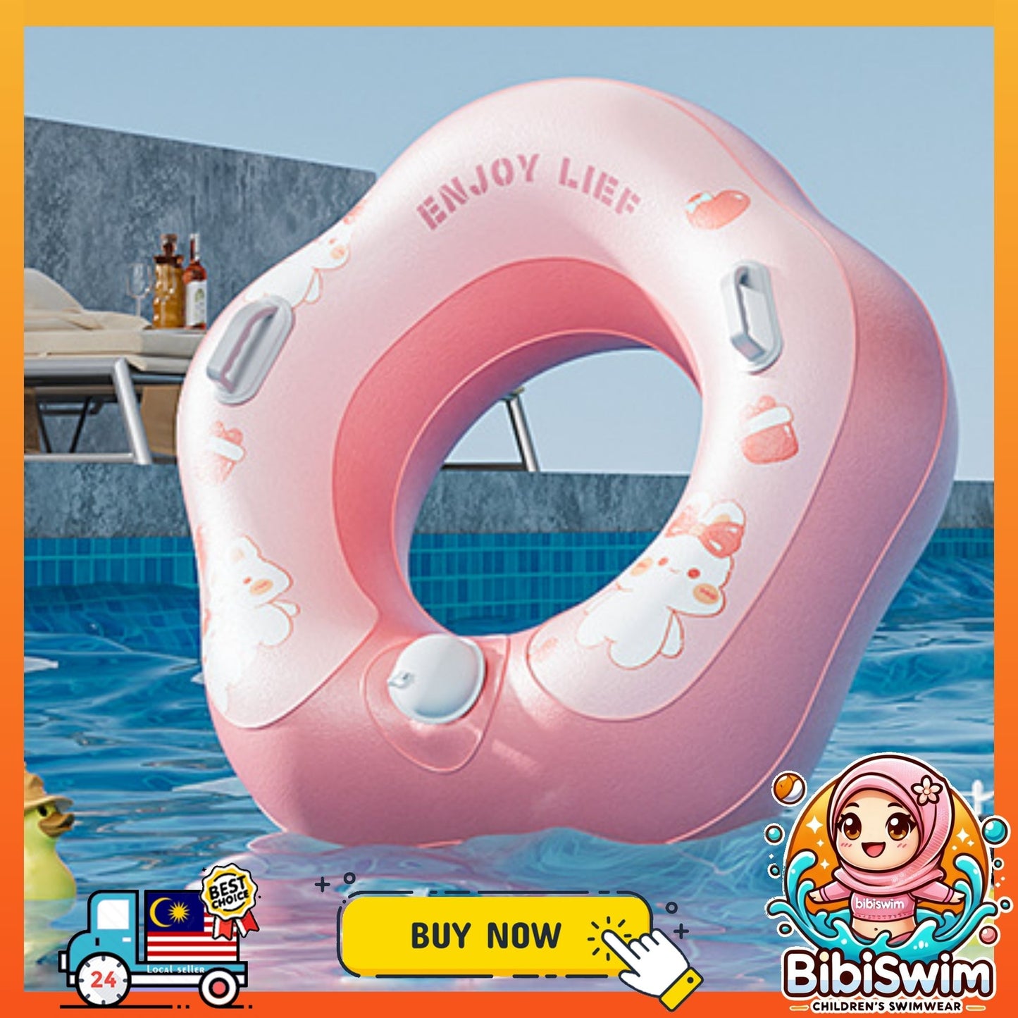 BIBISWIM Self-Inflating Swim Ring Inflatable Pool Float Baby Kids Adults Water Swimming Float Ring
