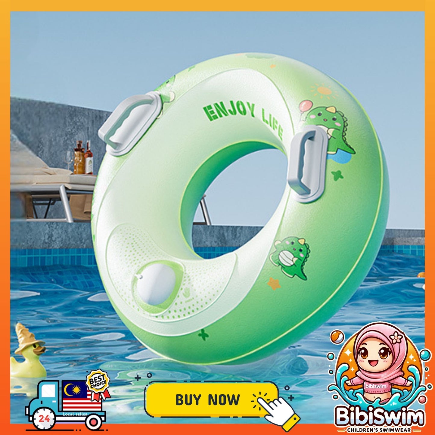 BIBISWIM Self-Inflating Swim Ring Inflatable Pool Float Baby Kids Adults Water Swimming Float Ring