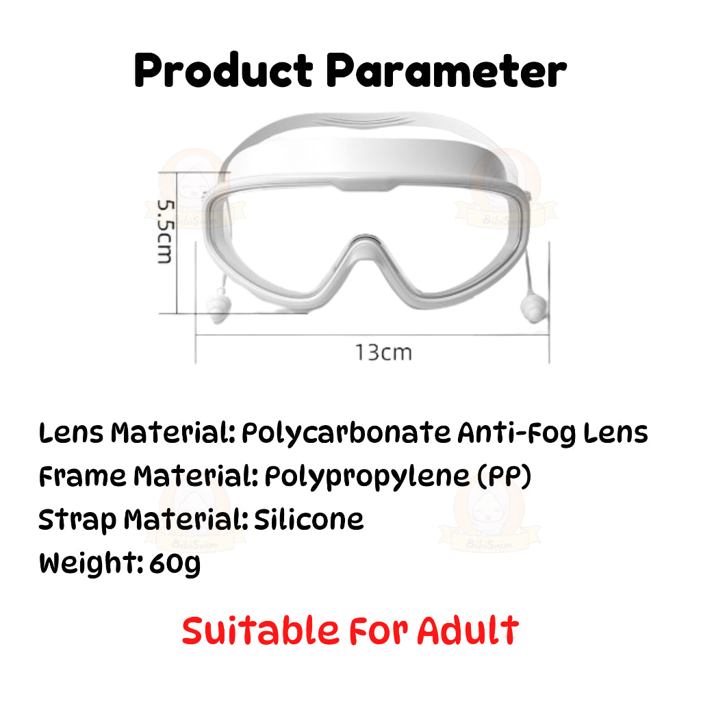BIBISWIM Adult Swimming Goggles | Big-Frame Waterproof with Earplugs