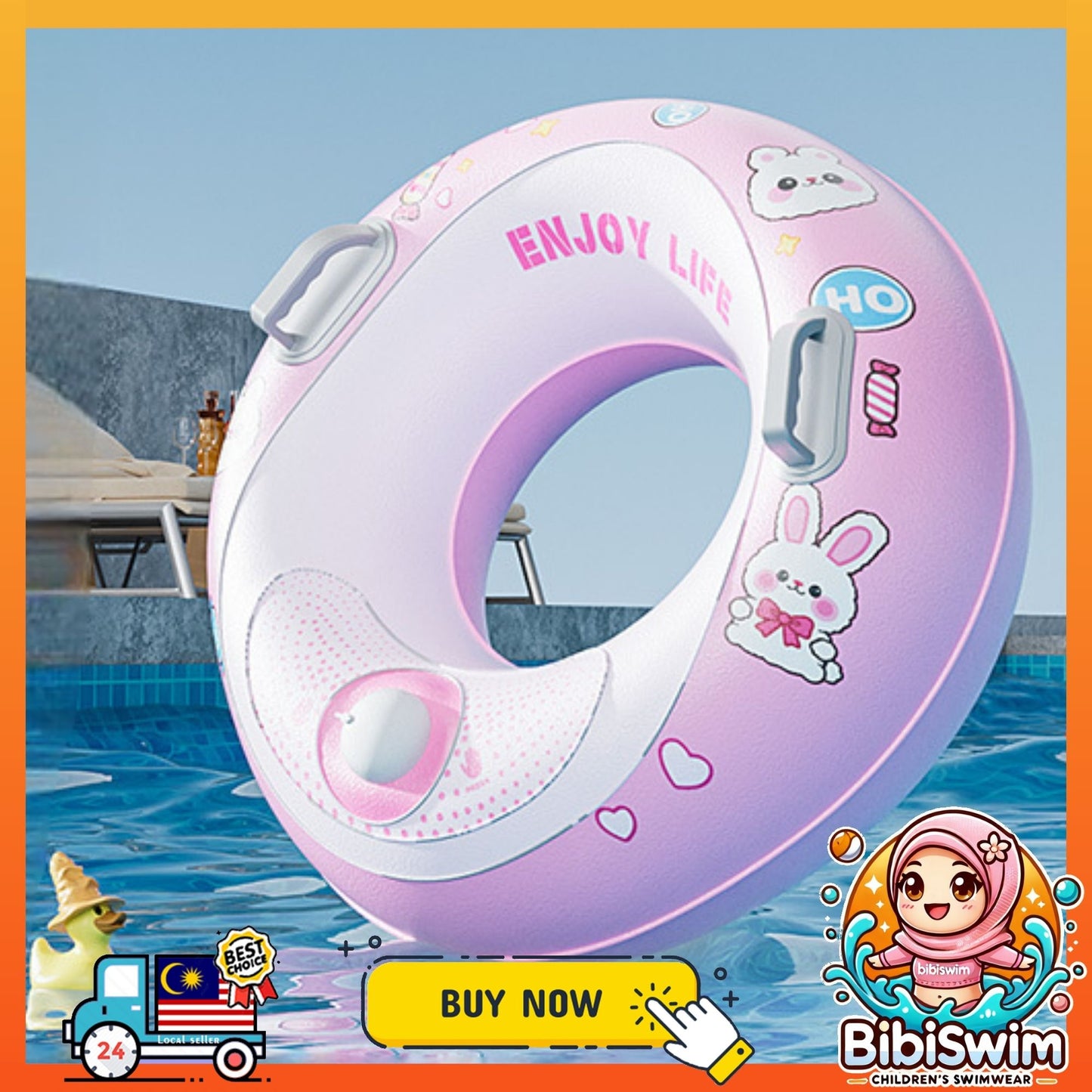 BIBISWIM Self-Inflating Swim Ring Inflatable Pool Float Baby Kids Adults Water Swimming Float Ring