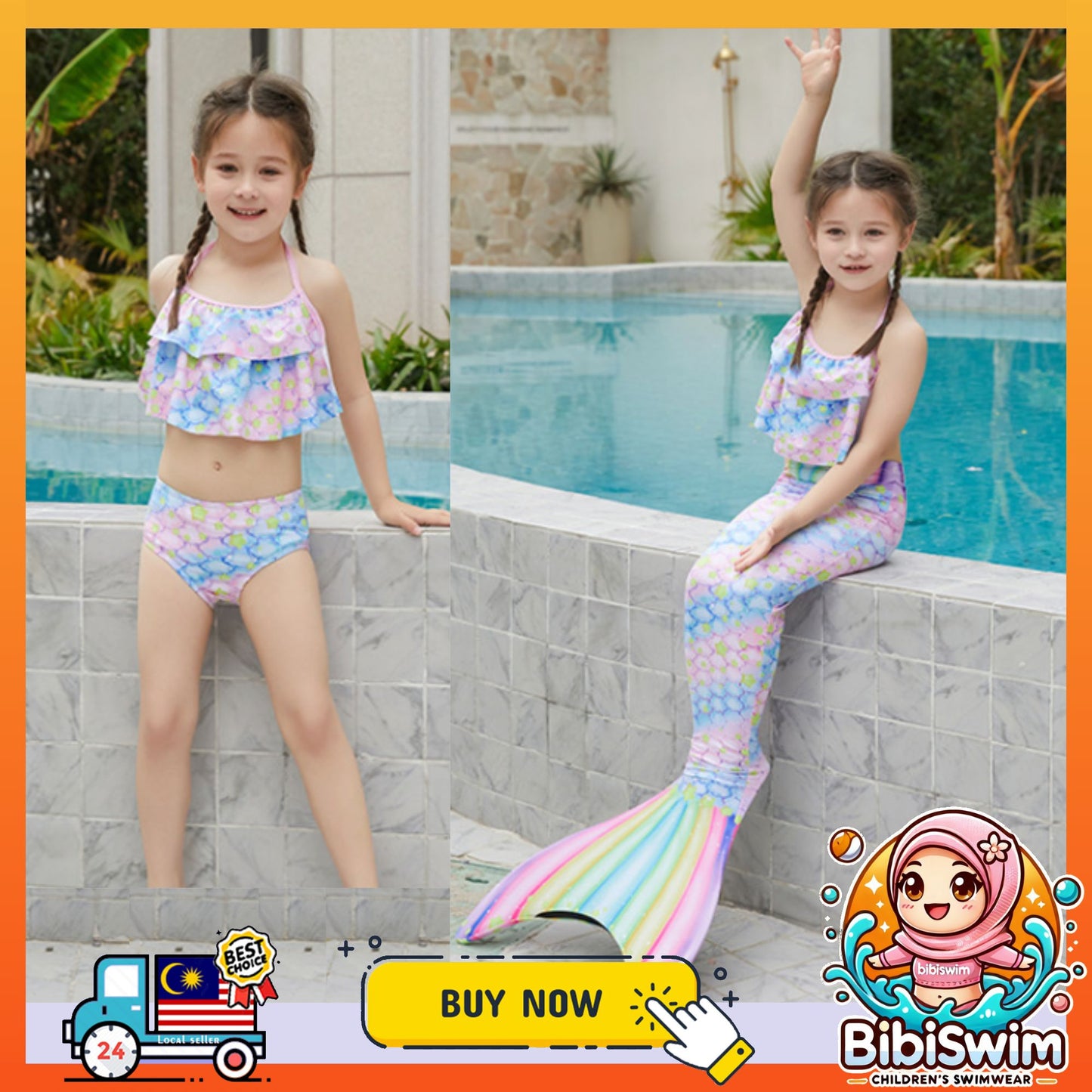 BIBISWIM Girls Mermaid Tail Swimsuit Dress Kids Mermaid Costume Beach & Pool Swimwear