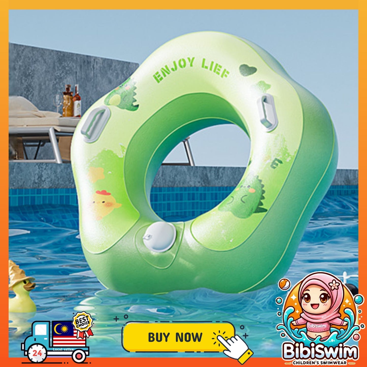 BIBISWIM Self-Inflating Swim Ring Inflatable Pool Float Baby Kids Adults Water Swimming Float Ring
