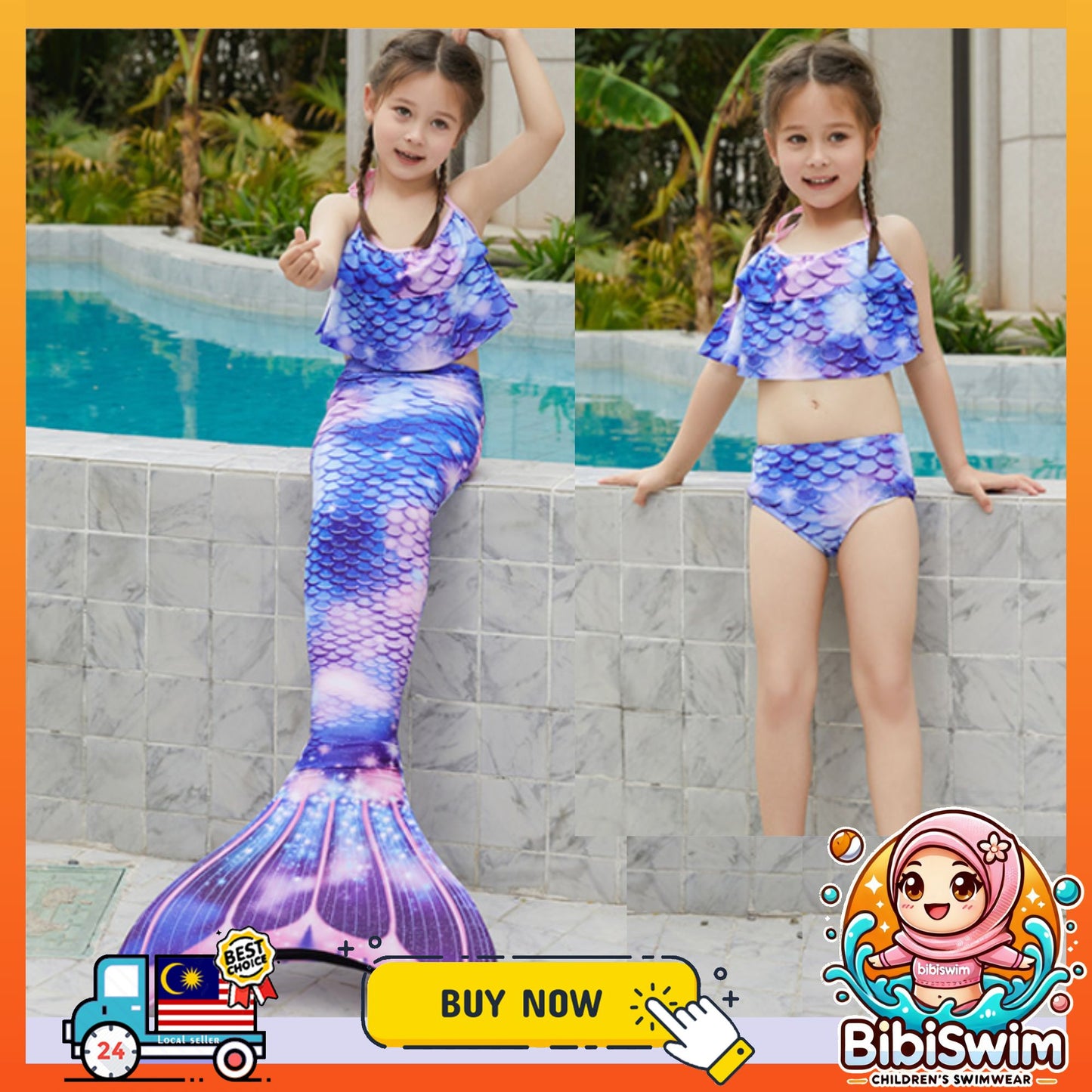 BIBISWIM Girls Mermaid Tail Swimsuit Dress Kids Mermaid Costume Beach & Pool Swimwear