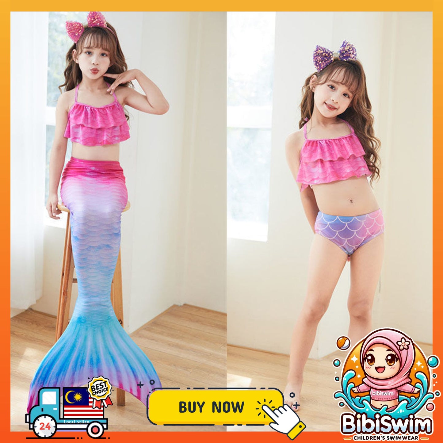 BIBISWIM Girls Mermaid Tail Swimsuit Dress Kids Mermaid Costume Beach & Pool Swimwear