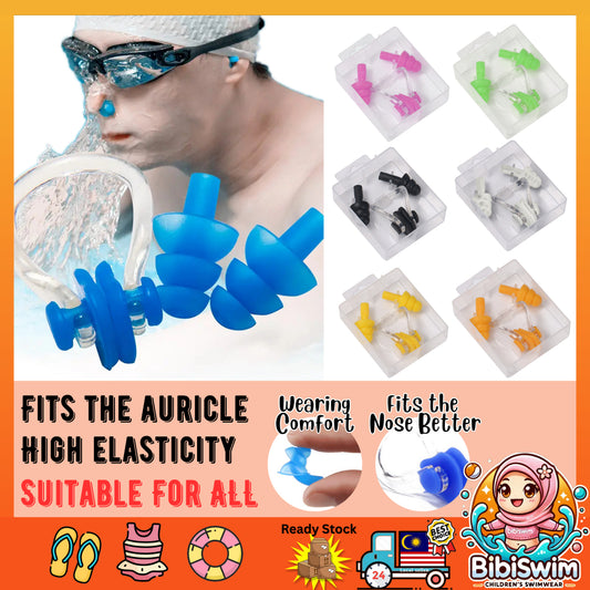 BIBISWIM Silicone Ear Plugs & Nose Clip for Swimming, Diving & Surfing