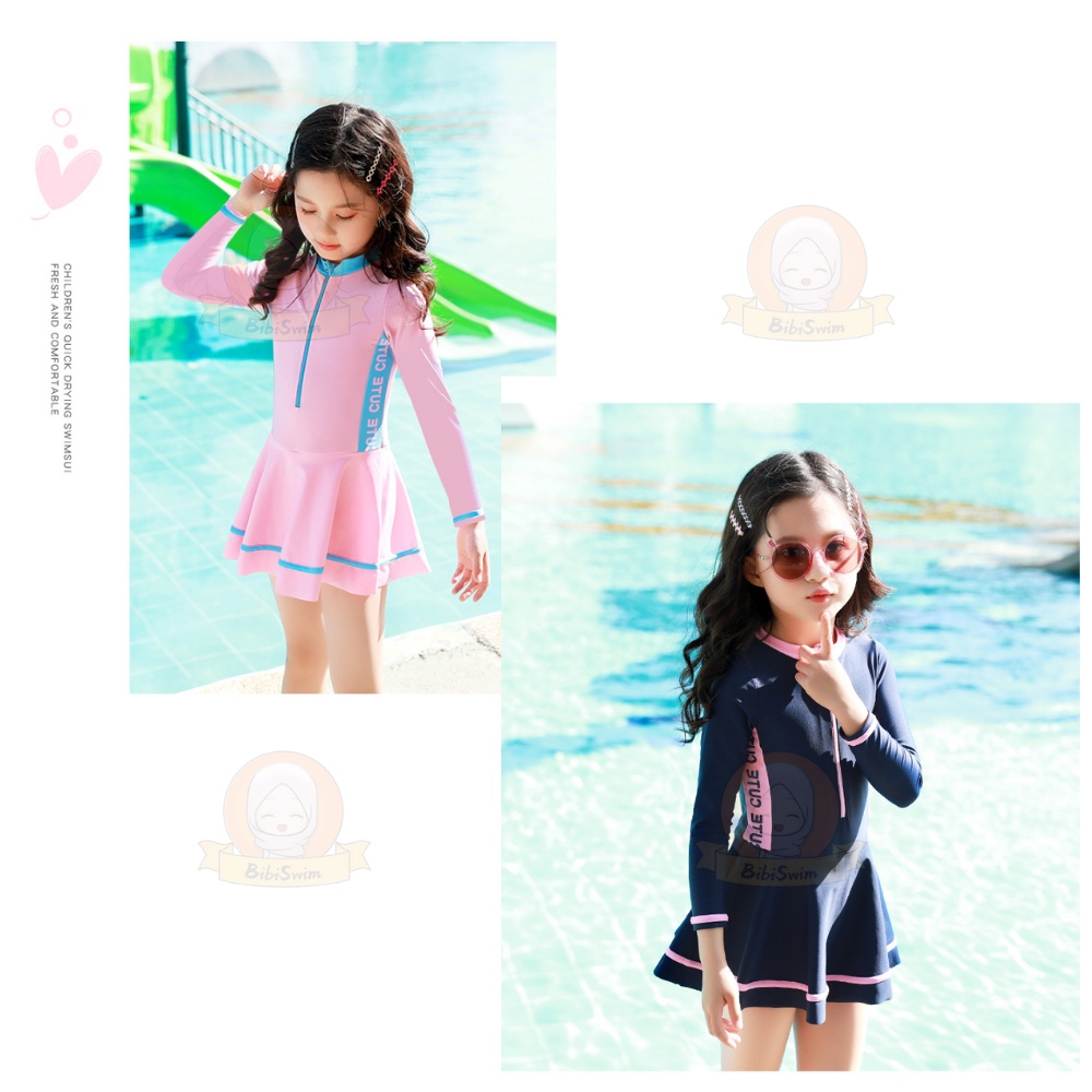 BIBISWIM Kids Girls Swimsuit One-Piece Long Sleeve Swimming Costume