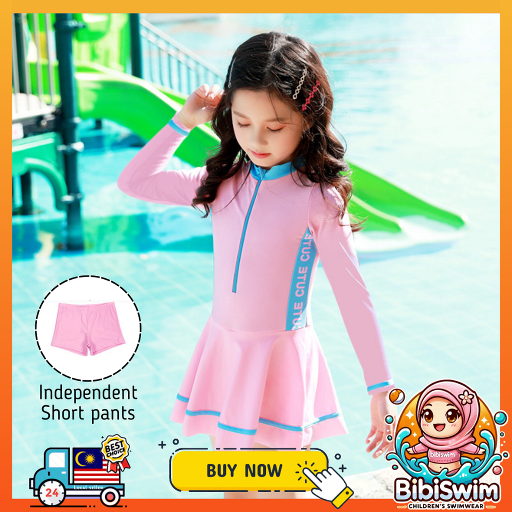 BIBISWIM Kids Girls Swimsuit One-Piece Long Sleeve Swimming Costume