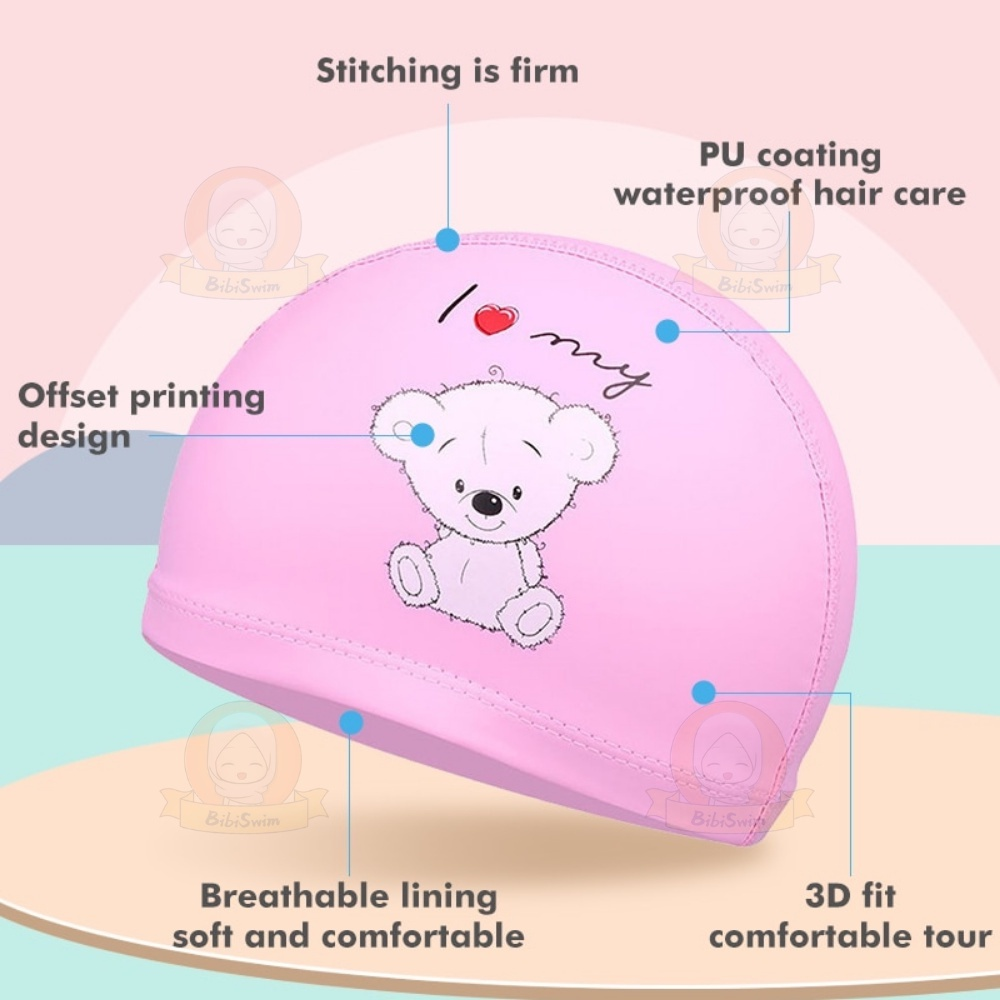 BIBISWIM Comfortable Silicone PU Coated Swimming Cap for Kid Kids