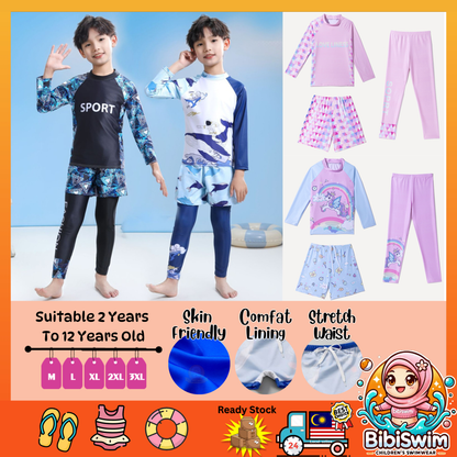 BIBISWIM Kids Swimming Suit 3pcs Swimsuit Long Sleeve Boy Girls Swimwear