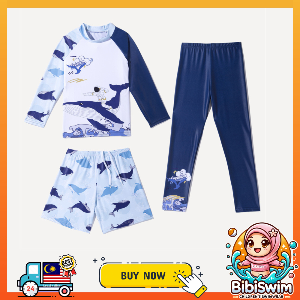 BIBISWIM Kids Swimming Suit 3pcs Swimsuit Long Sleeve Boy Girls Swimwear