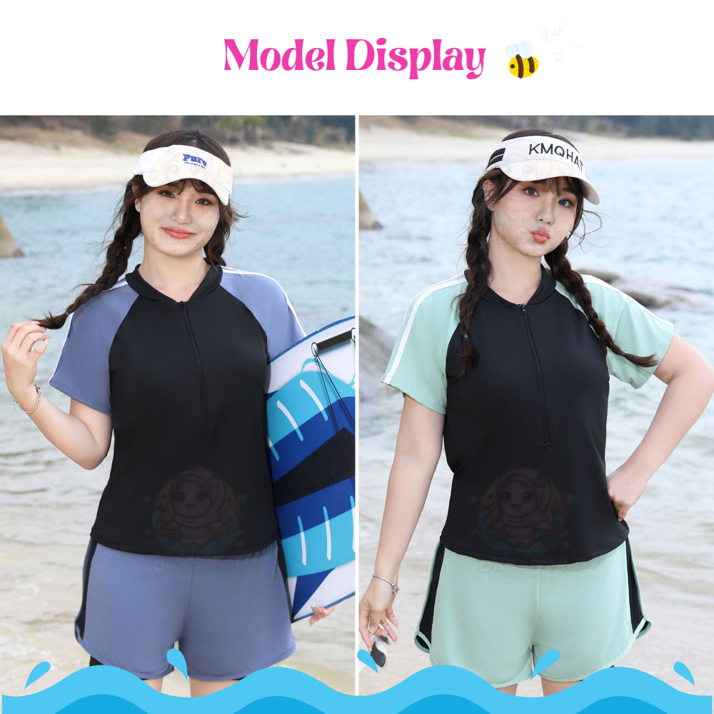 BIBISWIM Swimming Suit For Women Swimwear Short Sleeve Two Piece Big Size Swimsuit