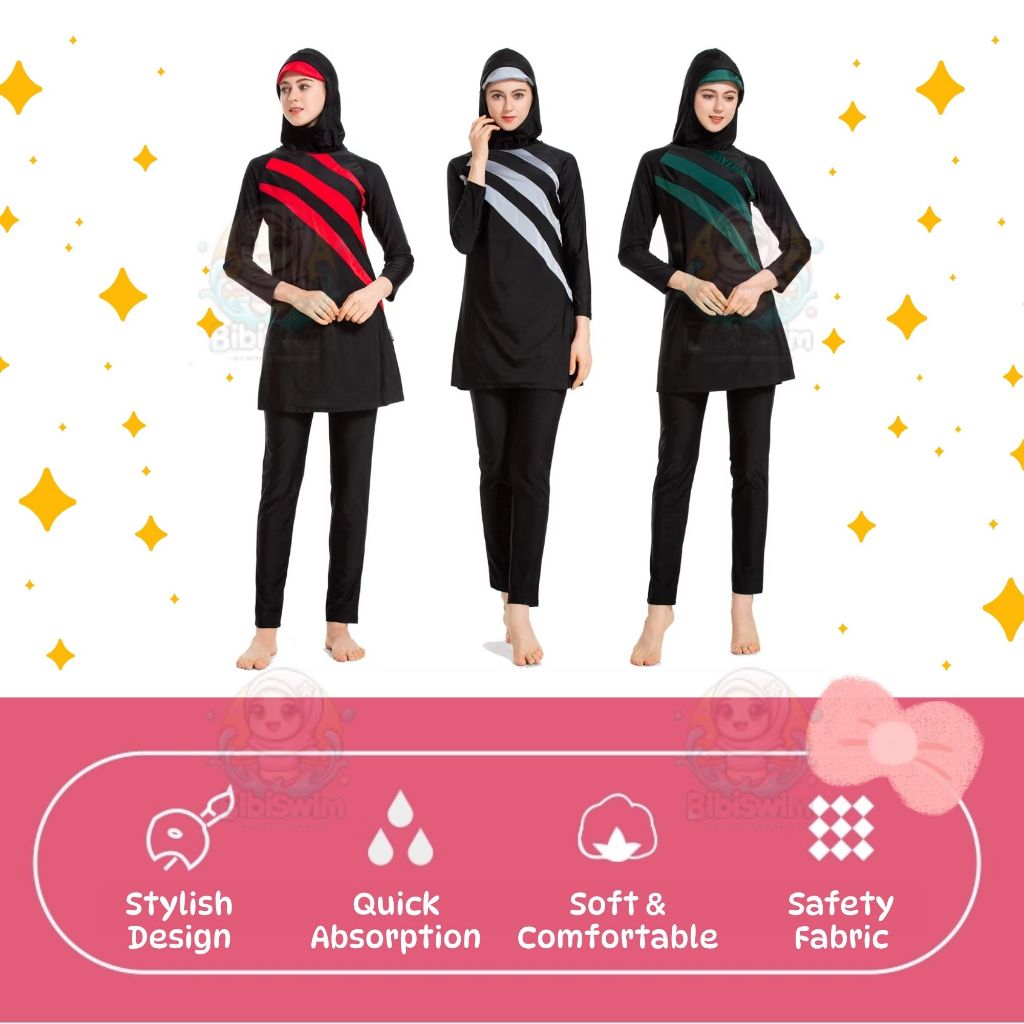 BIBISWIM Plus Size Hijab Swimsuit 6 Stripes