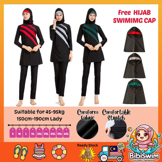 BIBISWIM Plus Size Hijab Swimsuit 6 Stripes