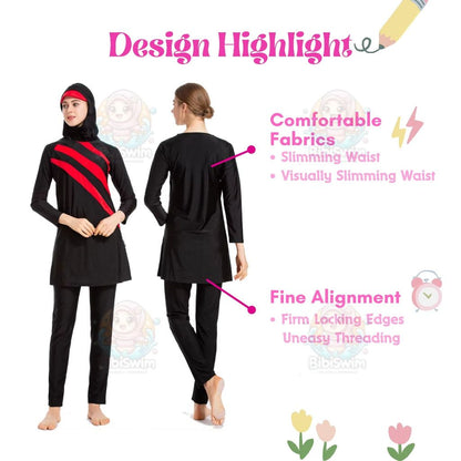 BIBISWIM Plus Size Hijab Swimsuit 6 Stripes